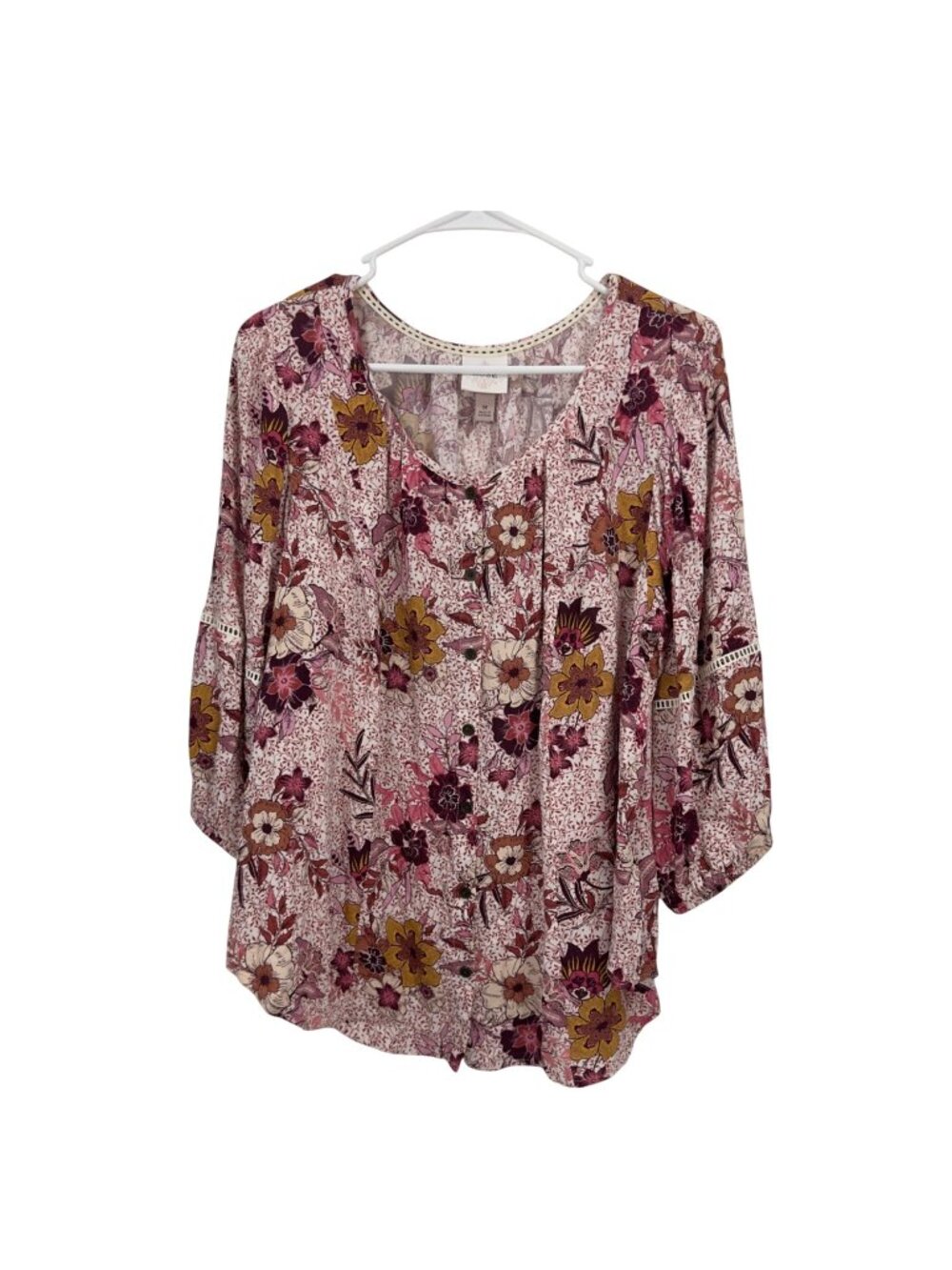 Knox Rose Women SZ M Floral Print 3/4 Sleeve Blouse Lightweight Rayon Scoop Neck